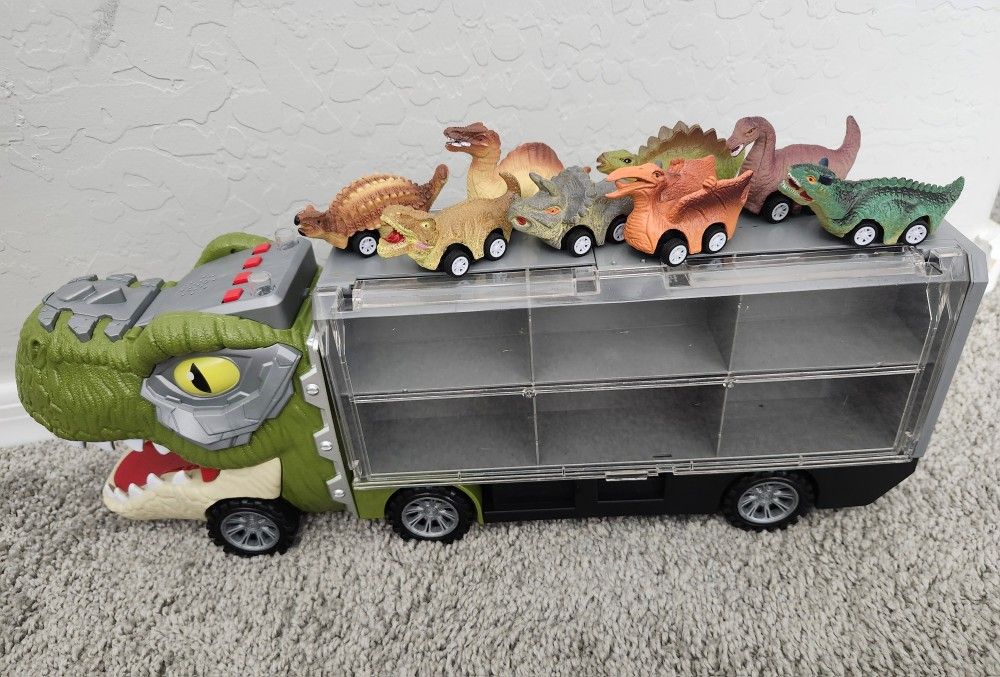 ✅️ Kids Dinosaur 17in Truck w/8 Pull Back Dino Cars• Light & Sound• Great Condition• $20firm