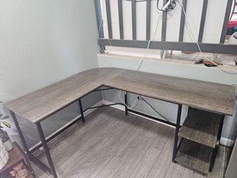 Modern Grey L-Shaped Computer Desk with Side Shelves