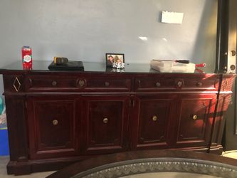 Dark Cherry Wood Buffet Sideboard Cabinet with glass top