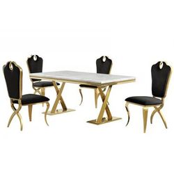 💎 GLAM 5 PIECE GOLD FAUX MARBLE TOP DINING TABLE SET💎