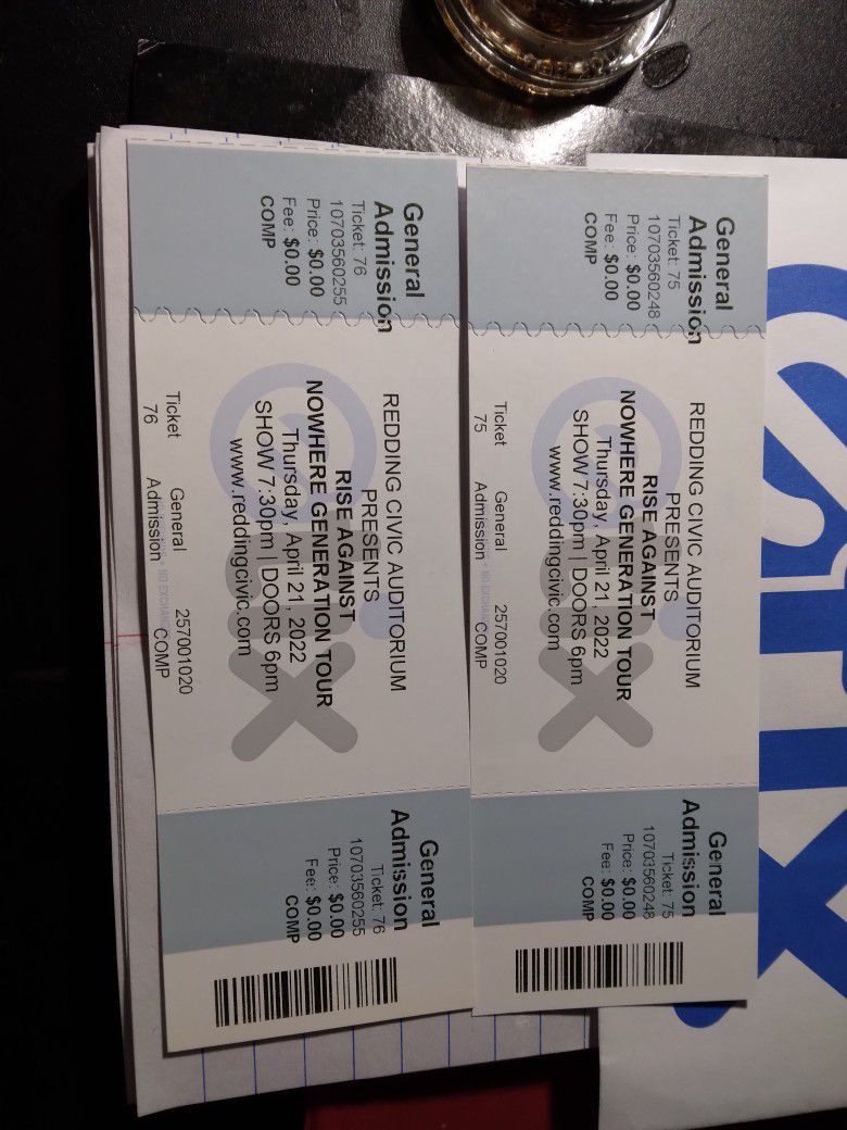 2 Tickets To Rise Against Nowhere Tour In Redding 