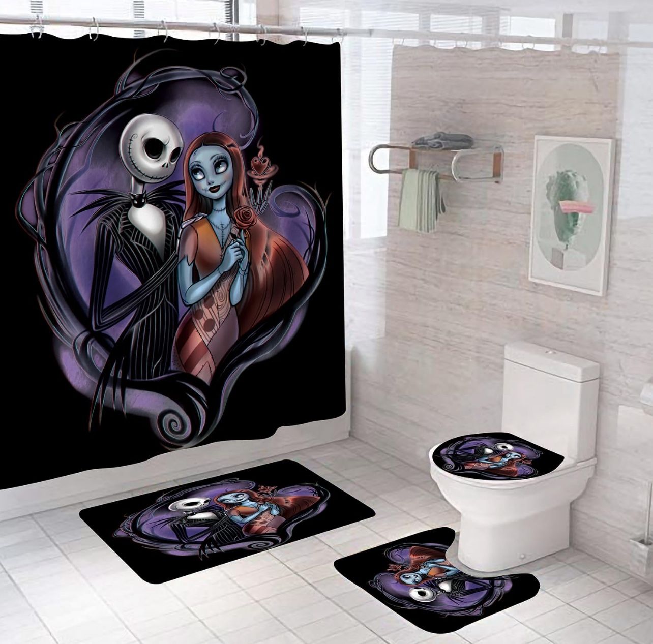 4 PCS Nightmare Before Christmas Bathroom Set with Shower Curtain and Rugs, Halloween Jack Skellington Shower Curtain Bathroom Decor Set with 12 Hooks
