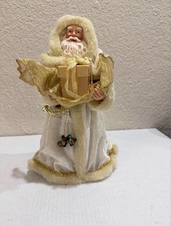 Elegant Santa Claus Figurine White Gold Fur Trim Gift Christmas Holiday Decor