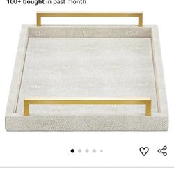 Ivory Shagreen Decorative Tray Large Rectangle Coffee Table Tray for Ottoman Faux Leather Serving Tray with Brushed Gold Handles