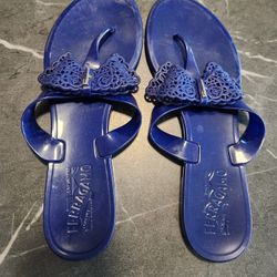 Salvatore Ferragamo Vara Bow Women's Flat Jelly Thongs Sandals Blue Sz 7.5 