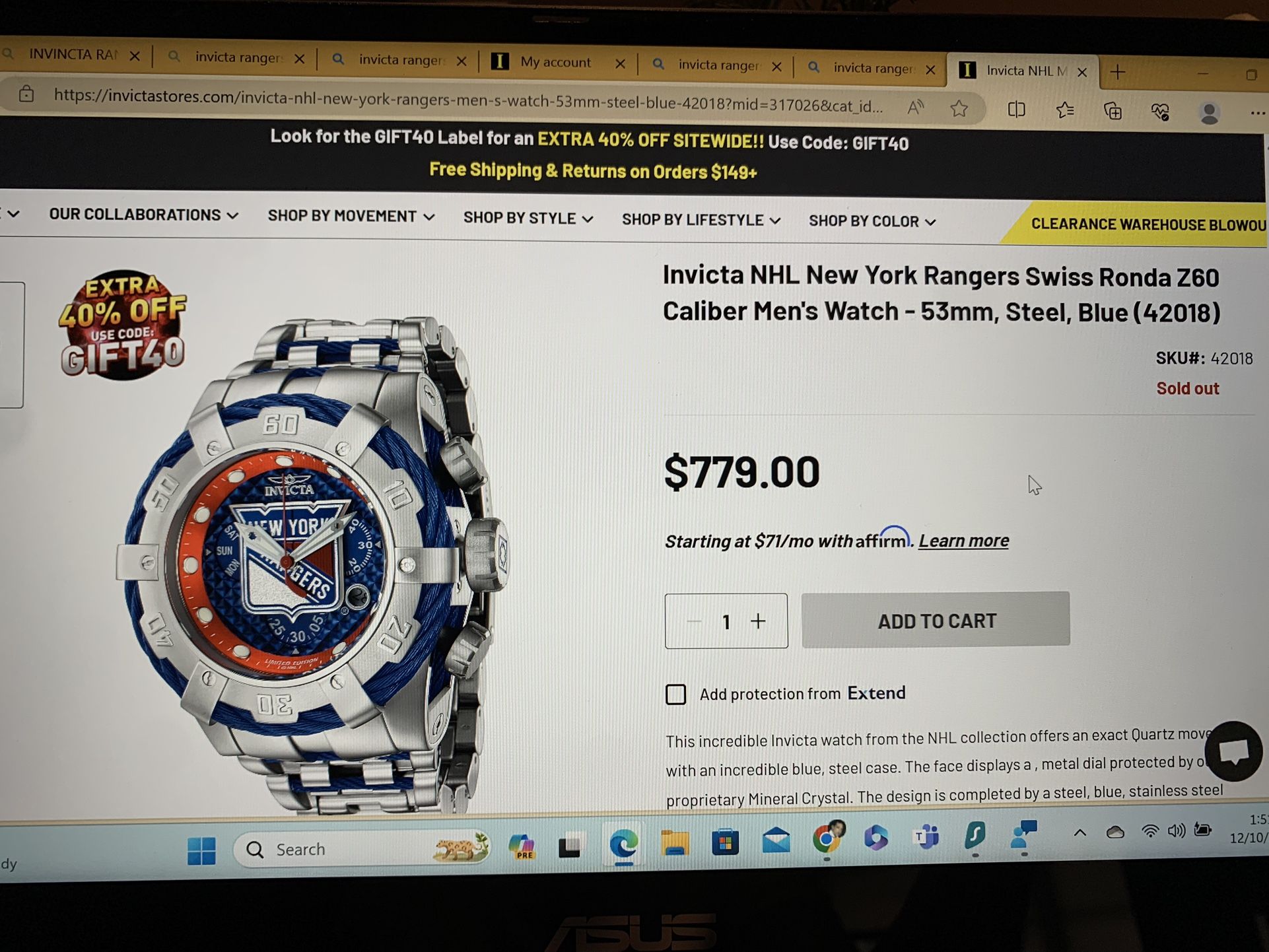 INVICTA NHL NY RANGERS SWISS RONDA Z60 Caliber Men's Watch 60mm