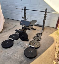 Olympic Weights, 7-ft Olympic Bar, EZ Curl Bar, Adjustable Bench, Squat Rack