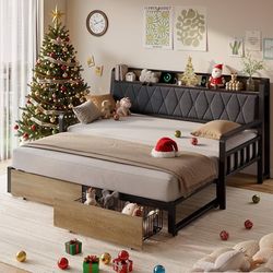 Twin Daybed with Pop up Trundle, Twin to King Daybed, Black Metal Twin Day Bed Frame with Storage Drawers, Upholstered Headboard & Power Outlet for Li