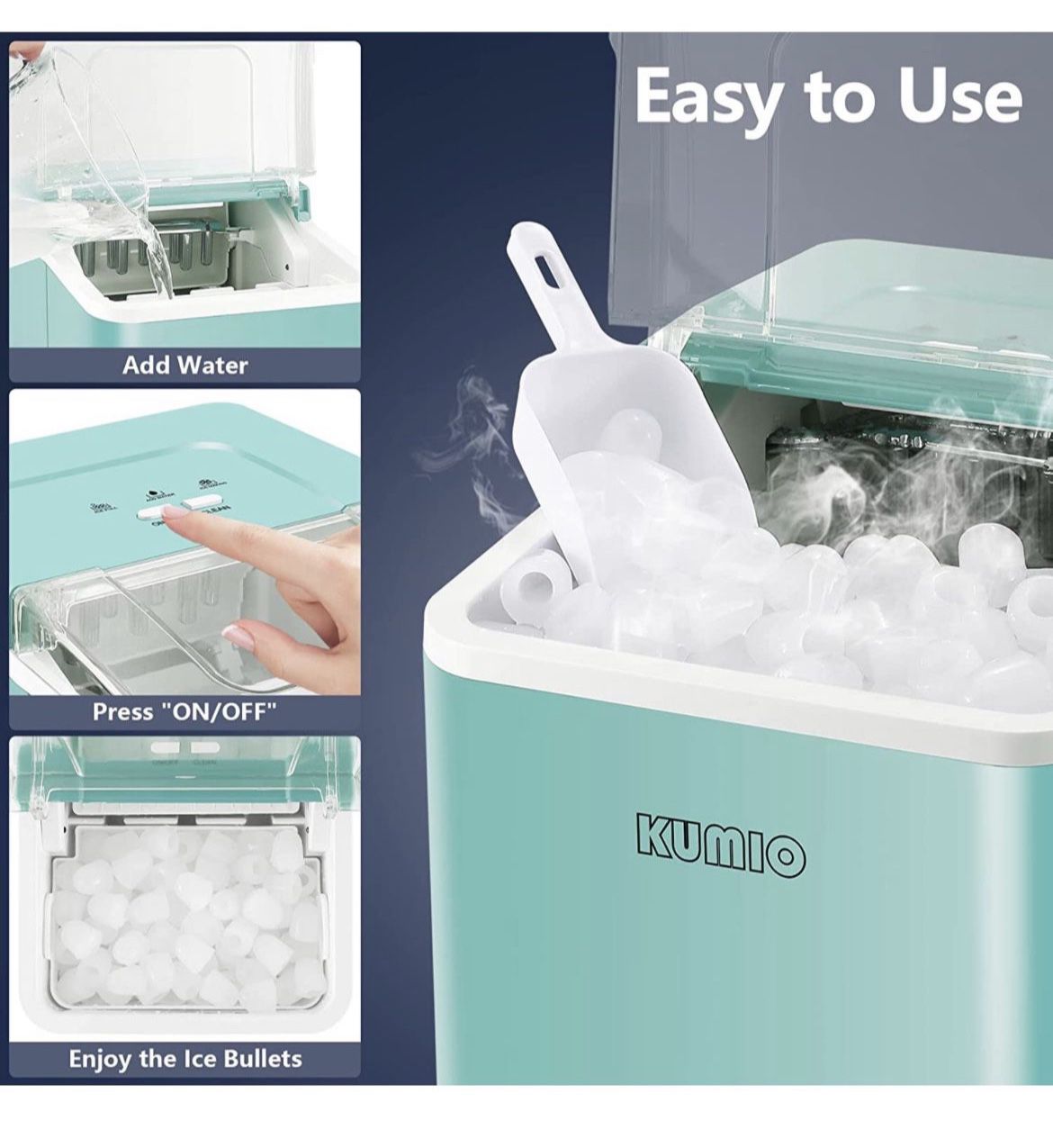 KUMIO Ice Makers Countertop, 9 Bullets Ready in 9 Mins, 26.5 Lbs/24 Hrs,  Ice Machine with Self-Cleaning, Removable Ice Basket & Scoop, 2 Sizes of