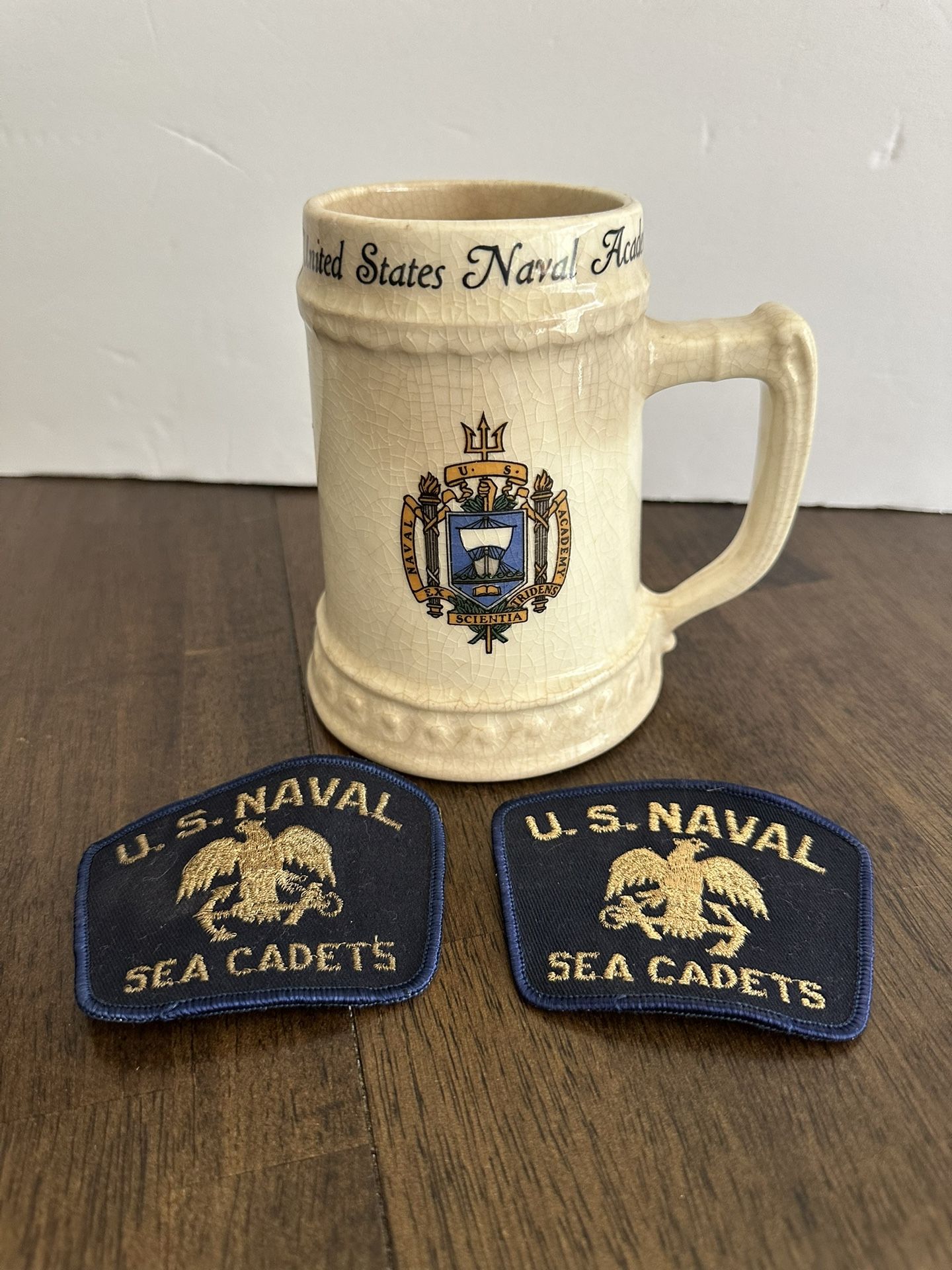 United States Navy Academy Beer Mug Vintage 1950’s And Two Patches