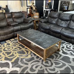 Brown Leather Suede Recliner Sofa Set 