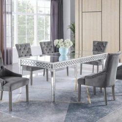  Brand New Gray  Velvet Silver Mirror 7pc Dining Table Set 