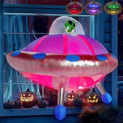 Joyfy 4.5 FT Halloween Inflatable Outdoor Decorations, Inflatable Alien UFO with Color Changing LEDs for Halloween Window Yard Garden Lawn Decoration