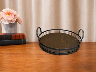 Round Wood Tray with Black Metal Handles