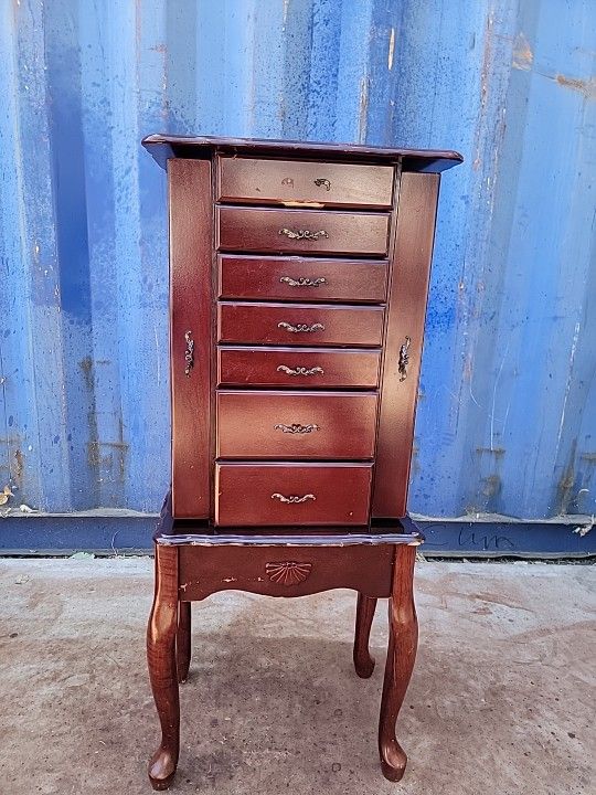 Vintage Wooden Queen Anne Style Jewelry Armoire Lined Jewelry