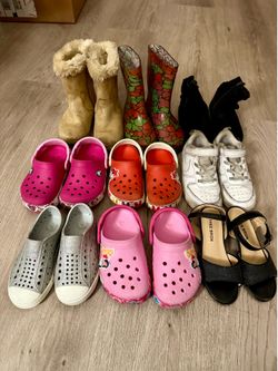 9 Pairs of Girls Shoes Crocs Rain Boots Nike Sizes 9 to 10 Toddler
