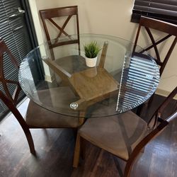 Stylish Wood Table Base With Glass Table Top And 4 Chairs