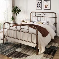 Sha Cerlin Queen Bed Frame with Vintage Headboard, Heavy Duty Metal Platform Bed Frame, 12.4" Under-Bed Storage, No Box Spring Needed, Antique Bronze