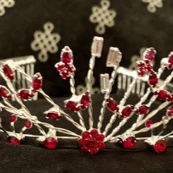 Crown For Quinceanera Red And White Glass Rhinestones New