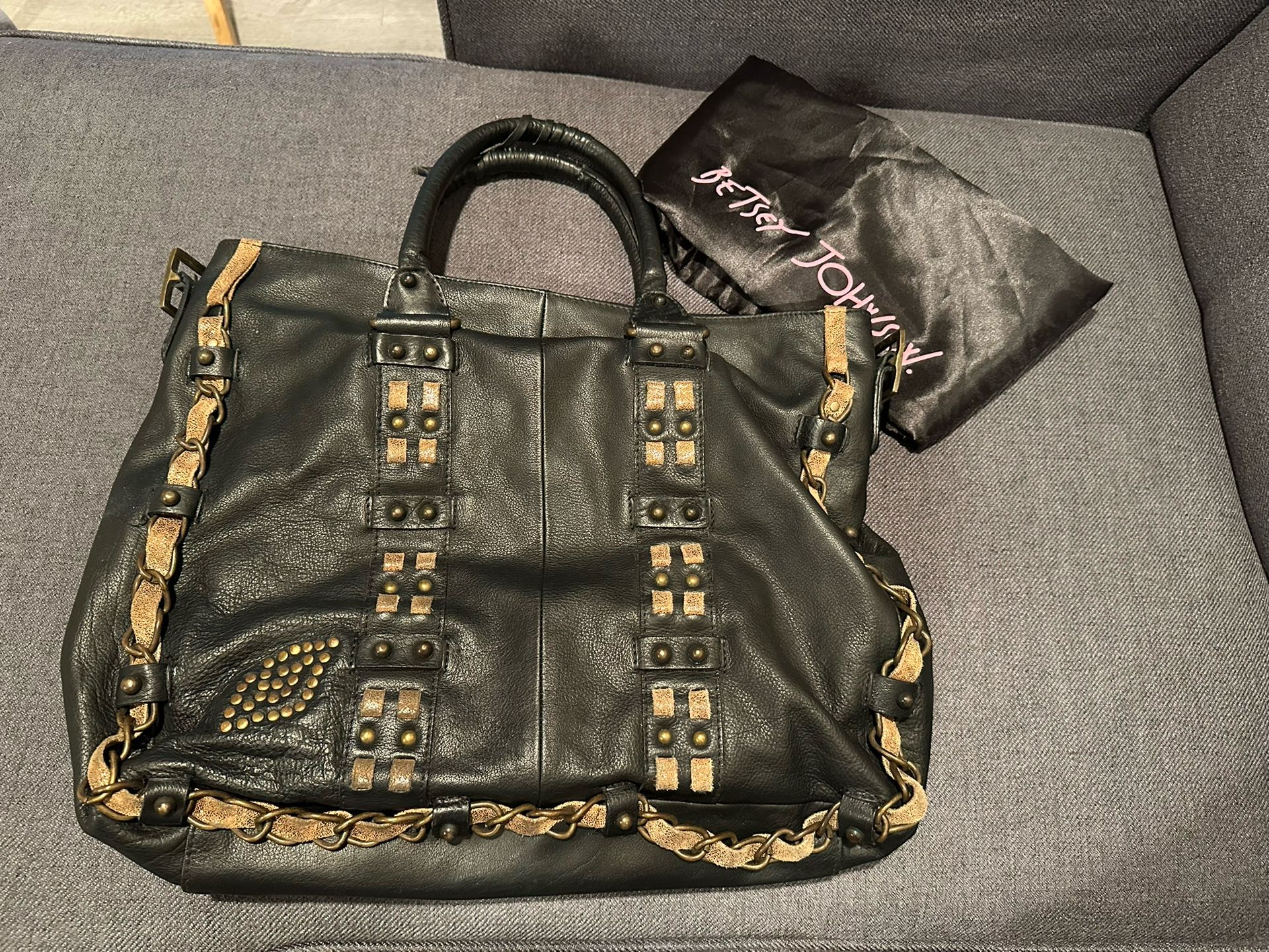 Black Leather Betsy Johnson Bag with Fun Detailing