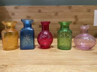 Mini Colorful Etched Glass Vases - Set of 5