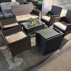 Patio Furniture 7 Pieces Conversation Sets Outdoor Wicker Rattan Chairs Garden Backyard Balcony Porch Poolside loveseat with Soft Cushion and Glass