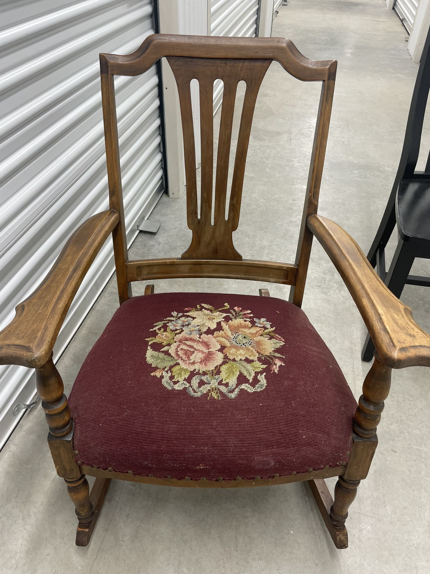 Antique Oak Rocking Chair With Needlepoint Cushion