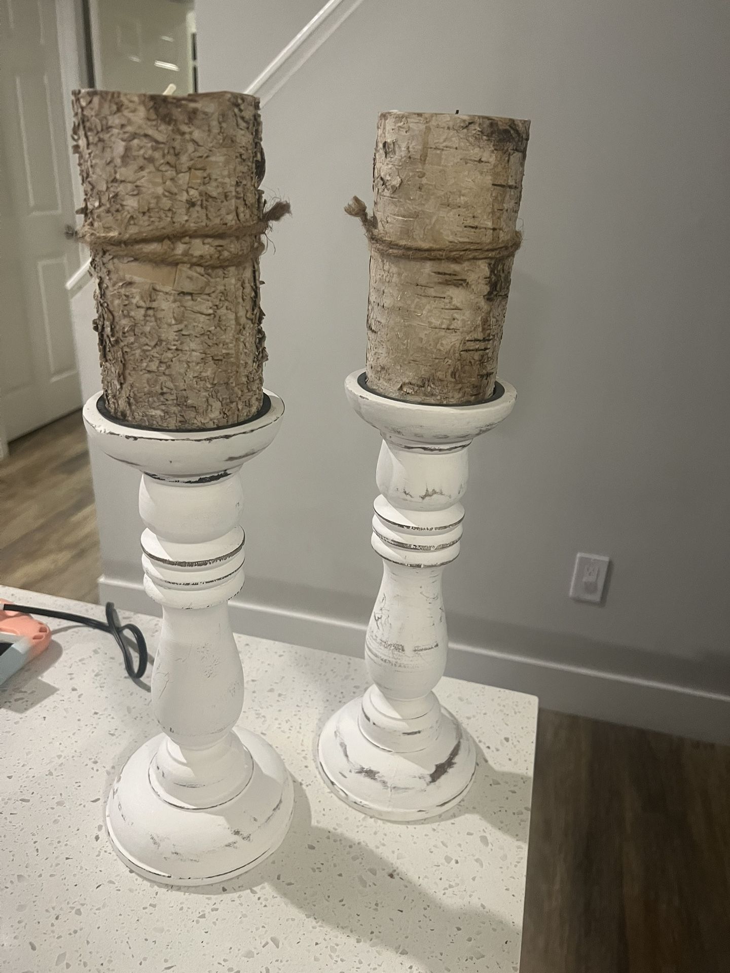 Candles set wood candle holder off white