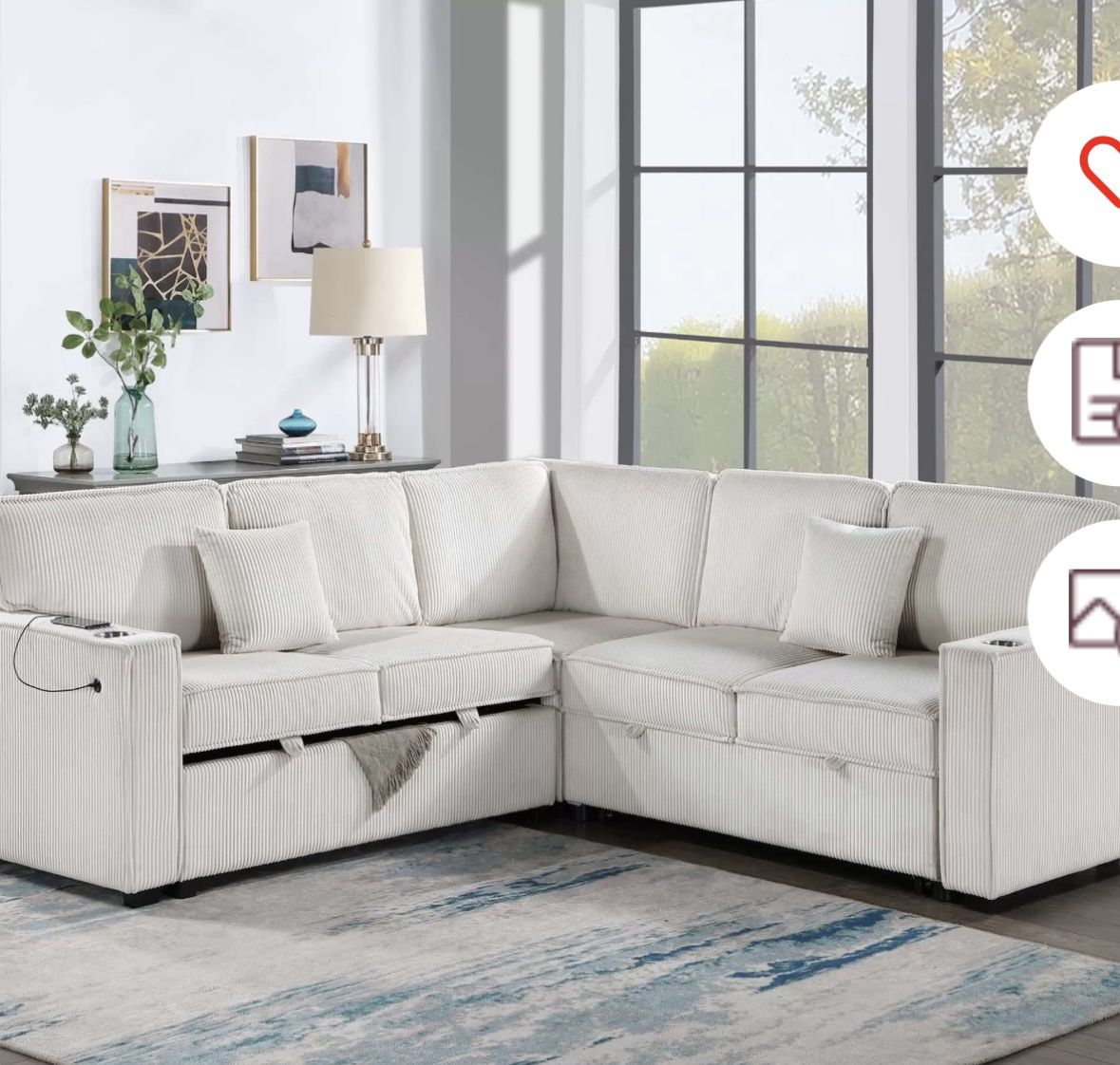 $528 Sectional Pull Out Bed With Storage USB Cup Holder Available,I Ivory,Dark Gray,Corduroy