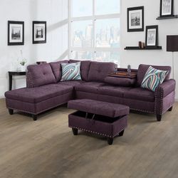 New Amaranth Purple Sectional Couch With Ottoman 