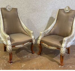 Listing Title: Luxury Hand-Carved Motif Accent Chairs Pair – Designer Quality, Heavy & Elegant