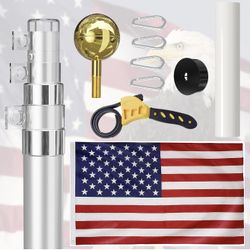 Heavy duty 14 Gauge 16FT Telescopic Flag Pole,Extra Thick Outside House In Ground with 3x5 American Flag,for Yard,Residential & Commerical,Sliver new 