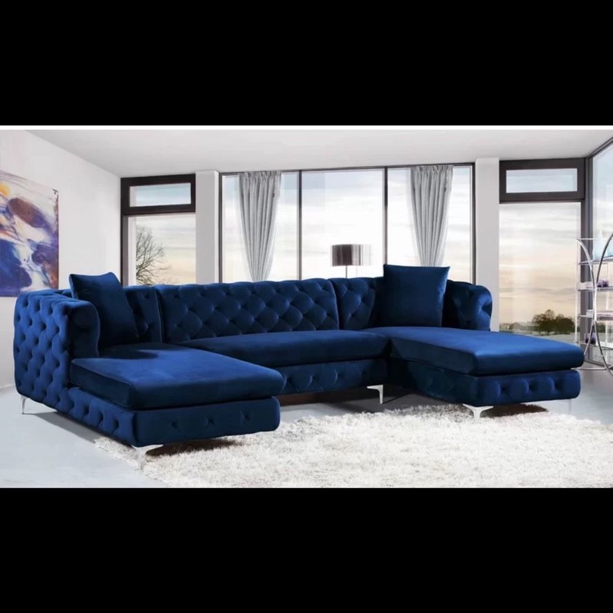 3 Piece Blue Velvet Sectional