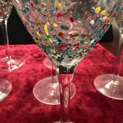 Set Of 11 Handblown Multi Colored Speckled Wine Glasses