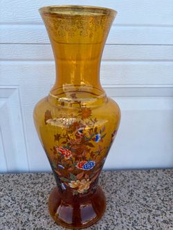 Amber Glass Vase with Hand-Painted Floral Design