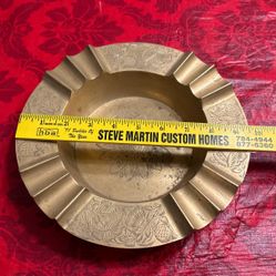 Vtg Hand Made Solid Brass Floral -Themed Ashtray From India
