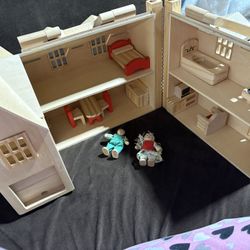 Melissa And Doug Fold And Go Wooden Doll House With Furniture - Vintage