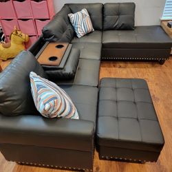 New Black Leather Sectional Couch With Ottoman