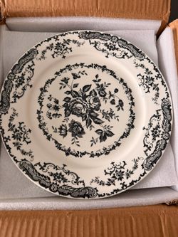 White Ceramic Plate with Black Floral Pattern,Never Used