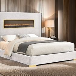 Brand New White Queen Bed w Fireplace Simulator 