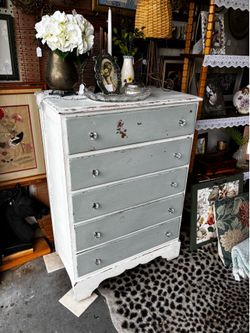 Vintage painted wood Cottagecore shabby chic white seafoam green 5 drawer dresser