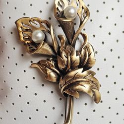 Vintage Tortolani Brooch Lily Faux Pearl Flower Pin Italy Designer Jewelry