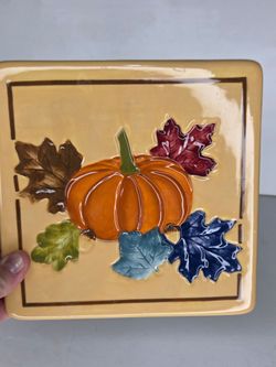 Harvest Ceramic Pumpkin Fall Colorful Leaves Trivet Wall Plaque Thanksgiving