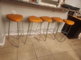 Set of 5 Modern Bar Stools Orange Leather Chrome