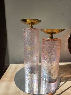 Iridescent Crackle Glass Candleholders with Brass Tops