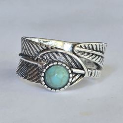 TITANIUM FOREVER WEAR SILVER TURQUOISE BLUE FEATHER WRAP NEW SIZE  7 RING
