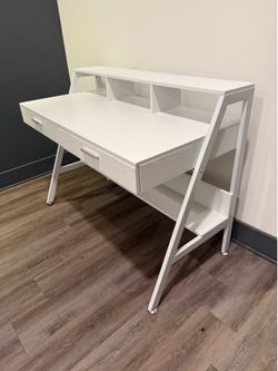 Modern White Computer Desk with Hutch & Storage - Like New