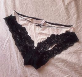 Victorias Secret Pink Lace Trim Bikini Panties L Large Pale Blush Gold Heart Bow