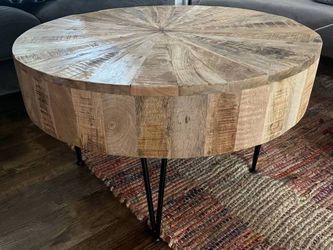 Round Sunburst Wood Coffee Table w/ Black Hairpin Legs - 150