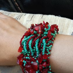 Turquoise Bracelet With Red Stone. Handmade By Waxed String Crochet. Sizeable From 6" To 8 " Wrist.
